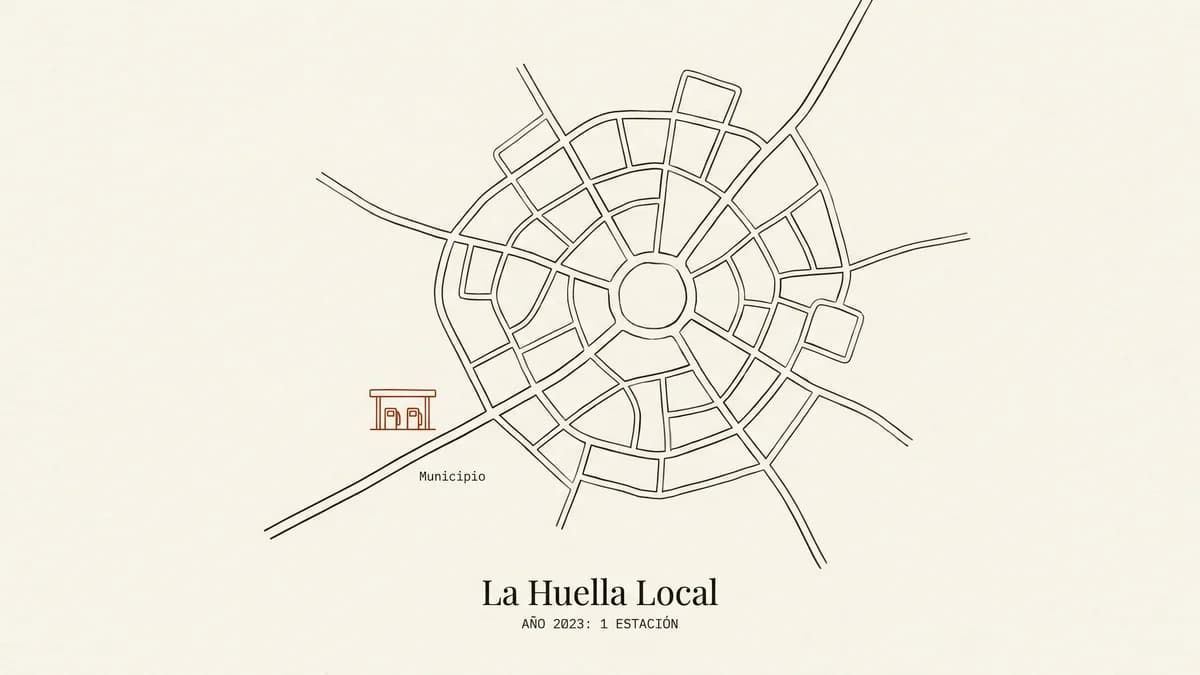Esquema cenital editorial de un municipio con su gasolinera.